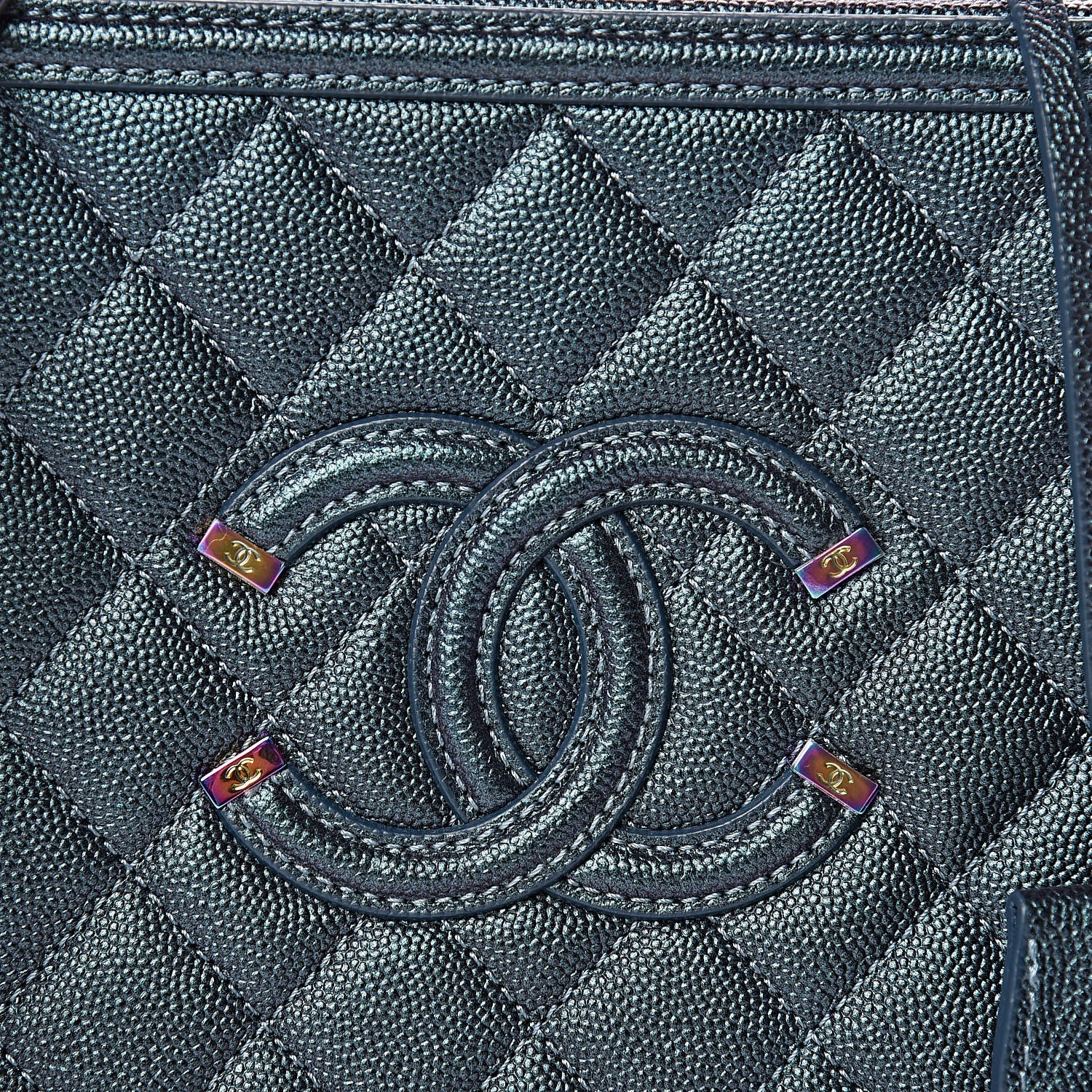 Chanel Iridescent Caviar Quilted Medium CC Filigree Vanity Case Dark Turquoise 8 of 11