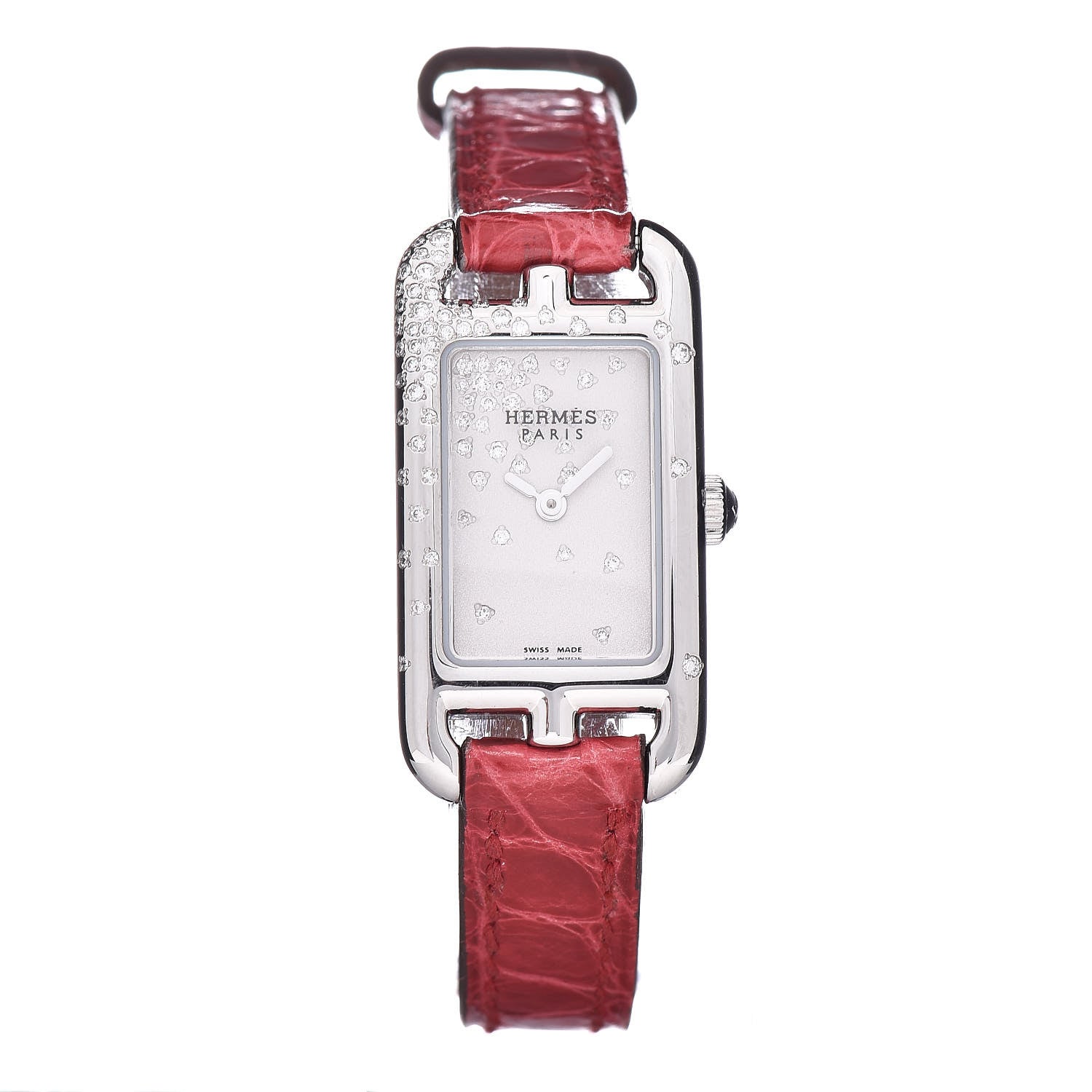 Hermes Stainless Steel Alligator Diamond 17mm Nantucket Jete De Diamants Quartz Watch Braise 1 of 9