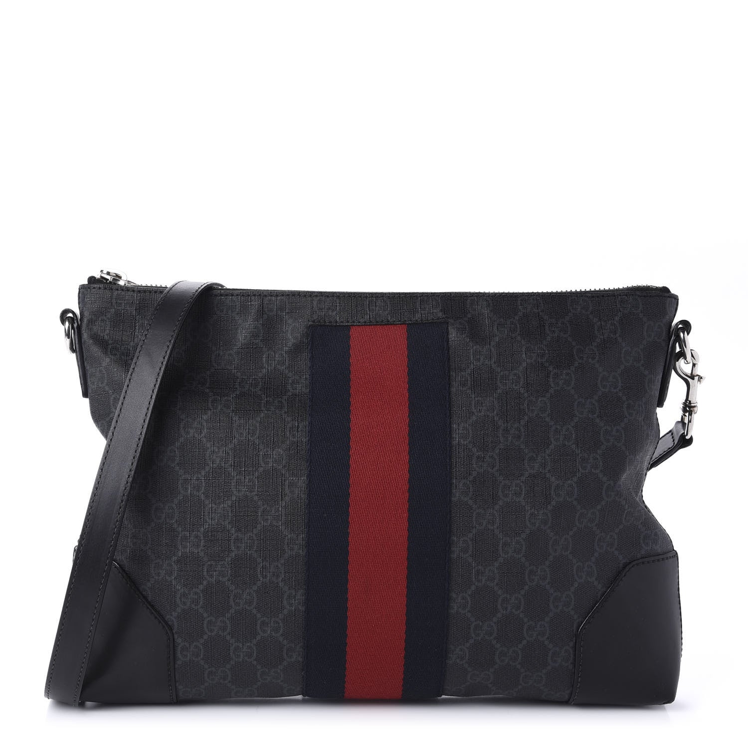 Gucci Soft GG Supreme Monogram Appia Calfskin Web East West Messenger Bag Black Grey 1 of 10