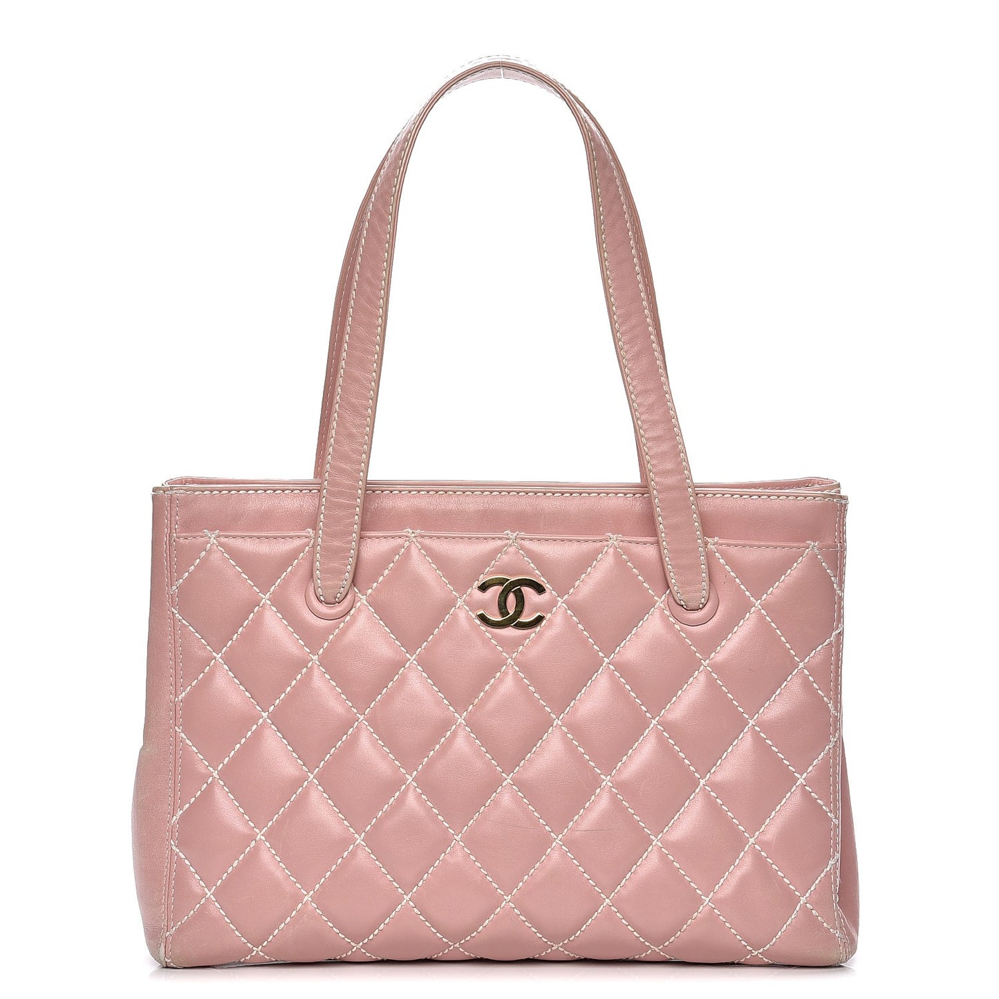Calfskin Contrast Stitch Surpique Tote Pink