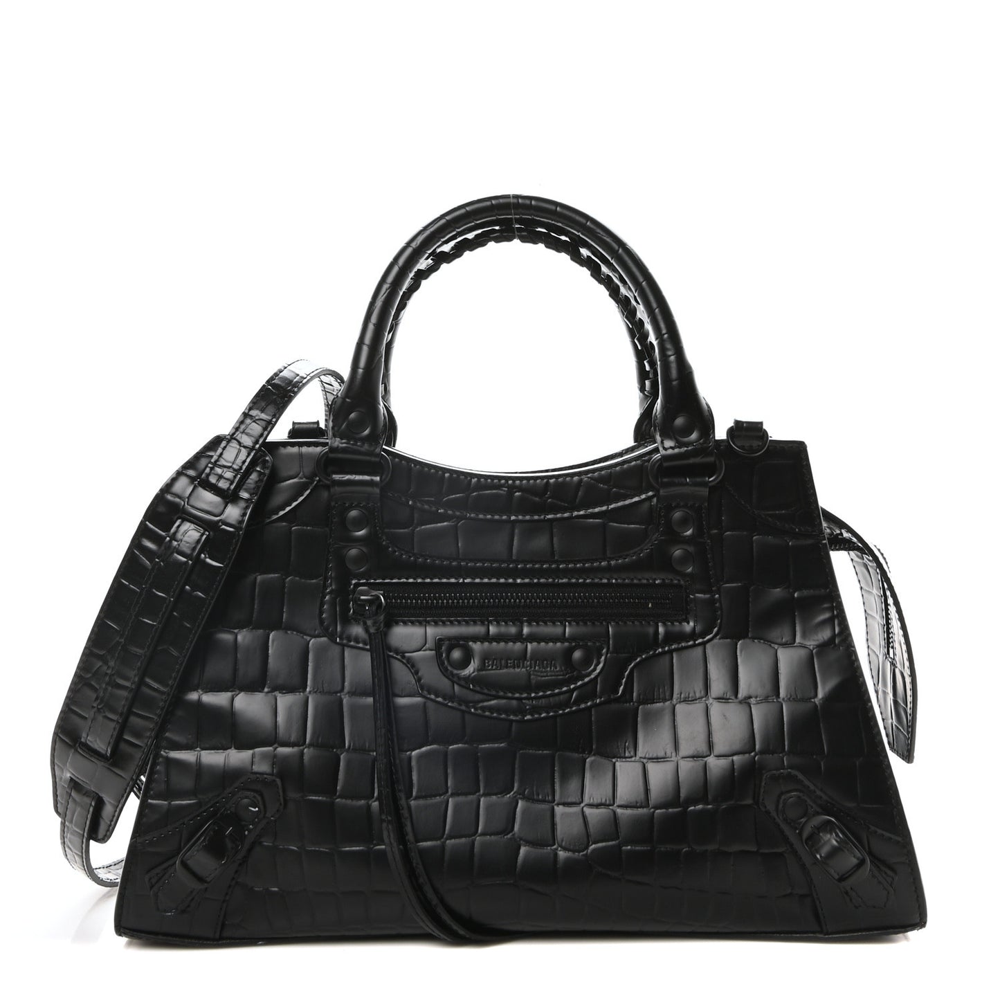 Semi Shiny Calfskin Crocodile Embossed Neo Classic Black Hardware City Black