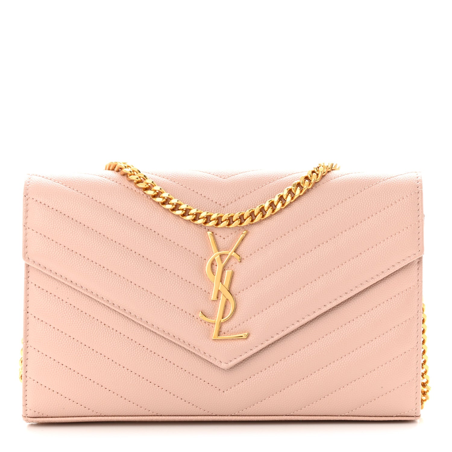 Saint Laurent Grain De Poudre Matelasse Chevron Cassandre Chain Wallet Pale Pink 1 of 11