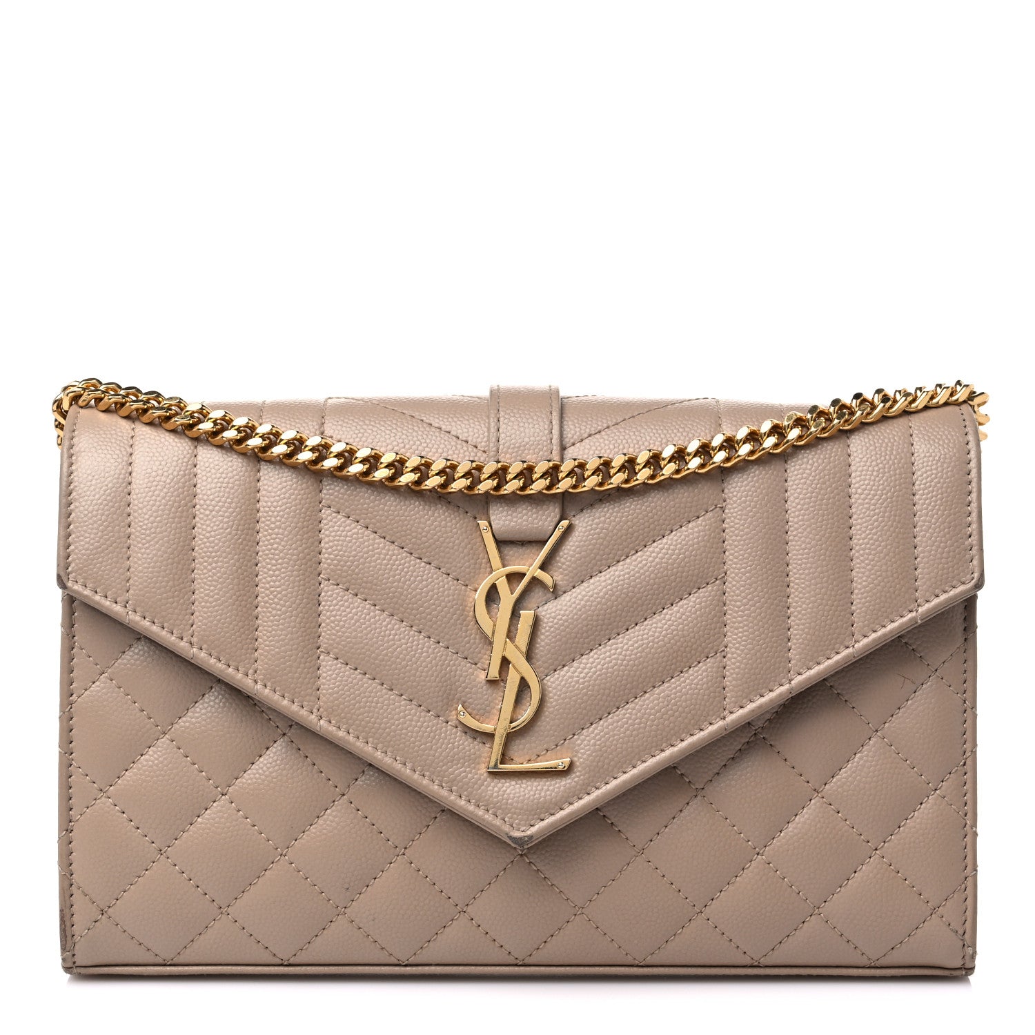 Saint Laurent Grain De Poudre Mixed Matelasse Triquilt Monogram Chain Wallet Dark Beige 1 of 16