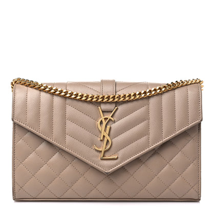 Saint Laurent Grain De Poudre Mixed Matelasse Triquilt Monogram Chain Wallet Dark Beige 1 of 16