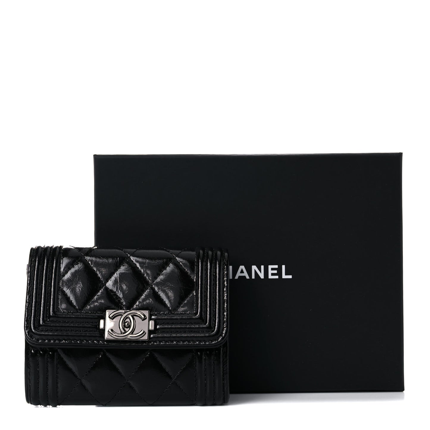 Distressed Patent Quilted Boy Flap Card Holder Wallet Black