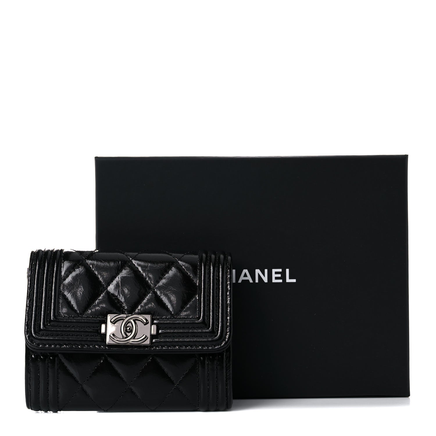 Chanel Distressed Patent Quilted Boy Flap Card Holder Wallet Black 11 of 11