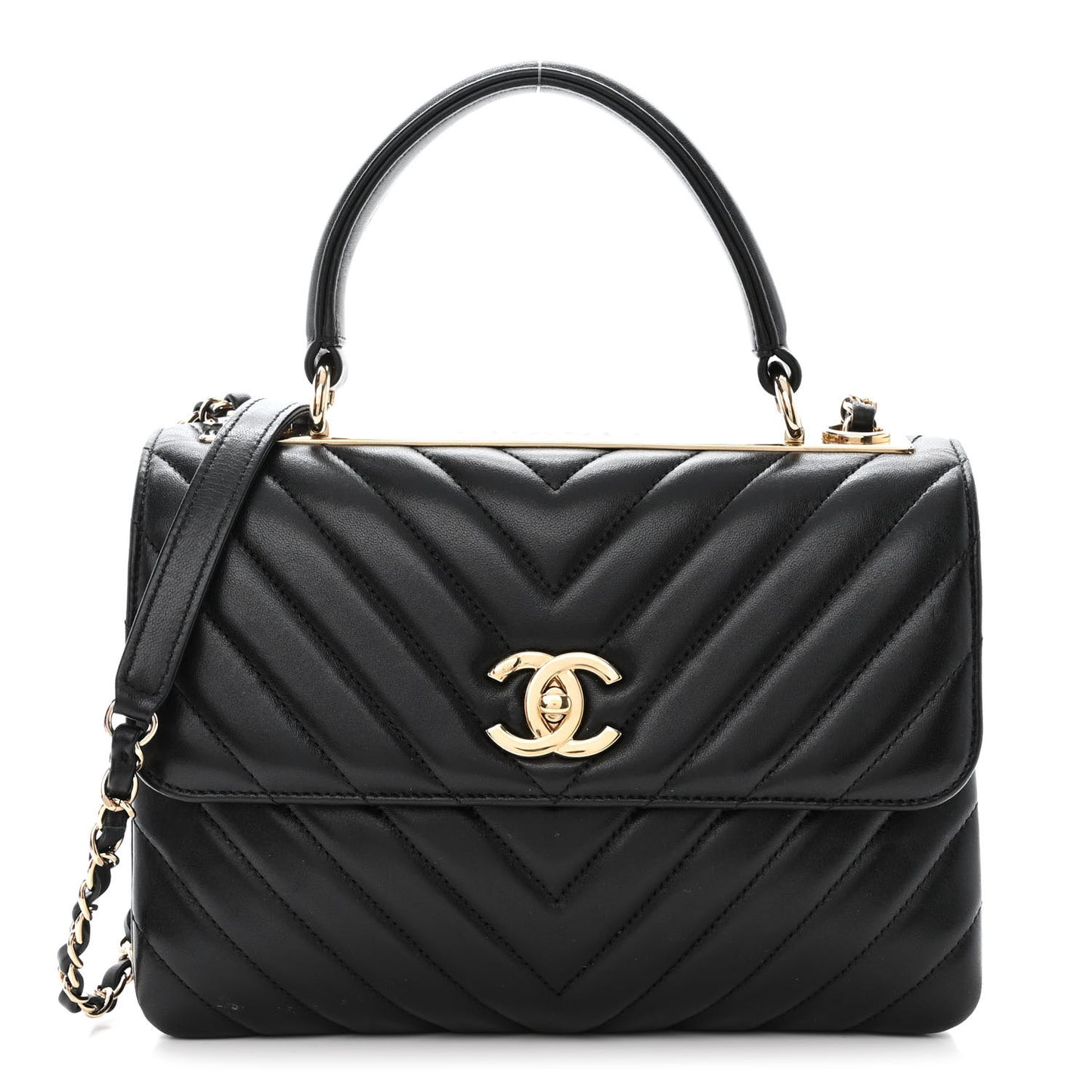 Lambskin Chevron Quilted Small Trendy CC Dual Handle Flap Bag Black