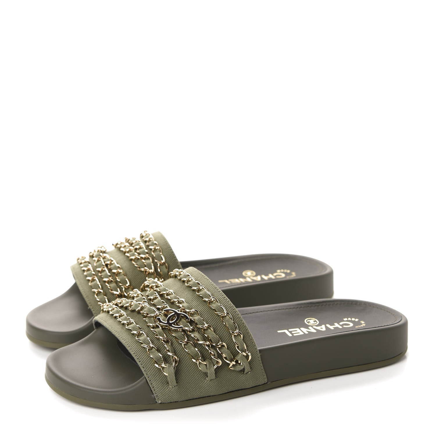 Chanel Canvas Chain Flat Sandals 38 Khaki 3 of 10
