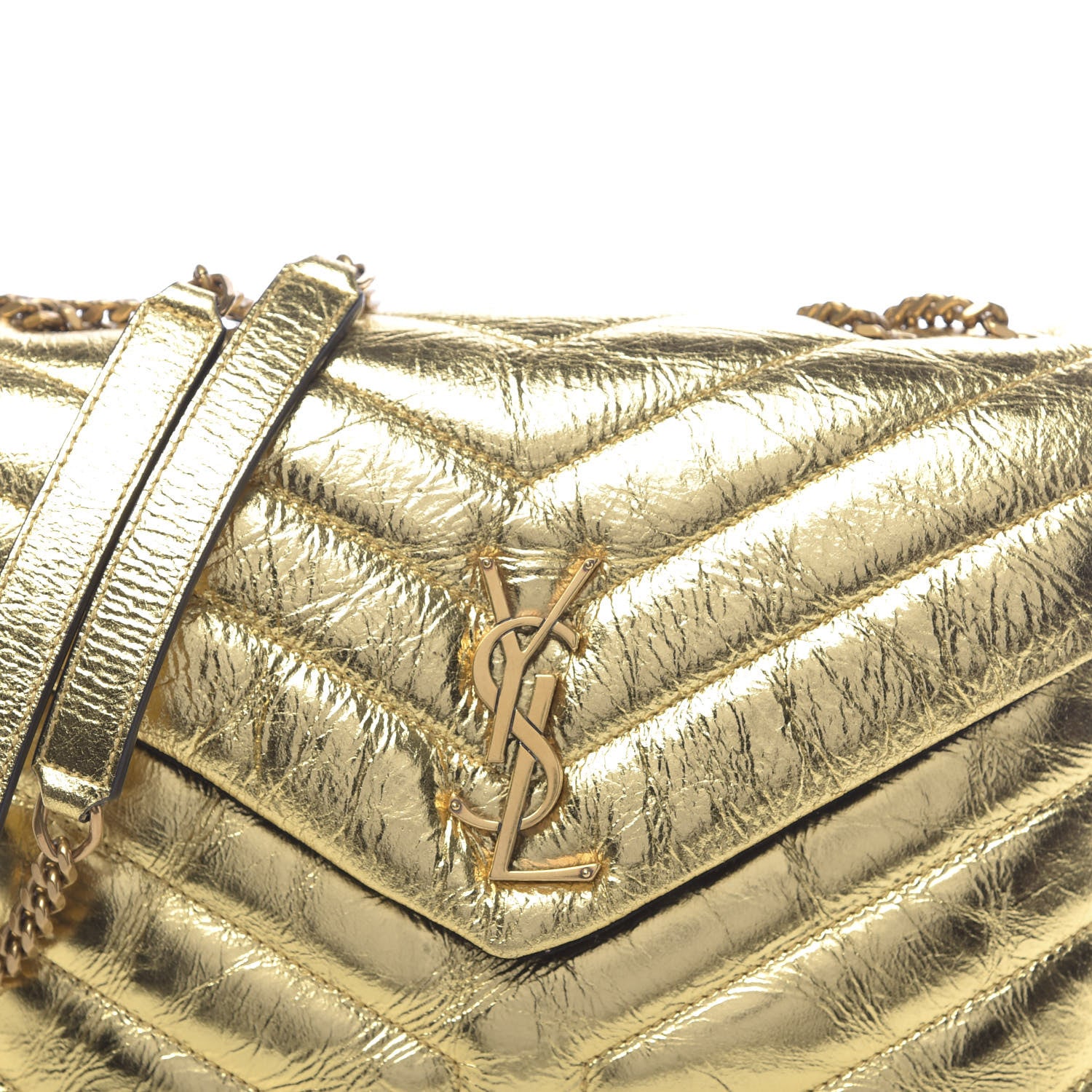 Saint Laurent Metallic Calfskin Y Quilted Small Loulou Monogram Chain Satchel Gold 9 of 12