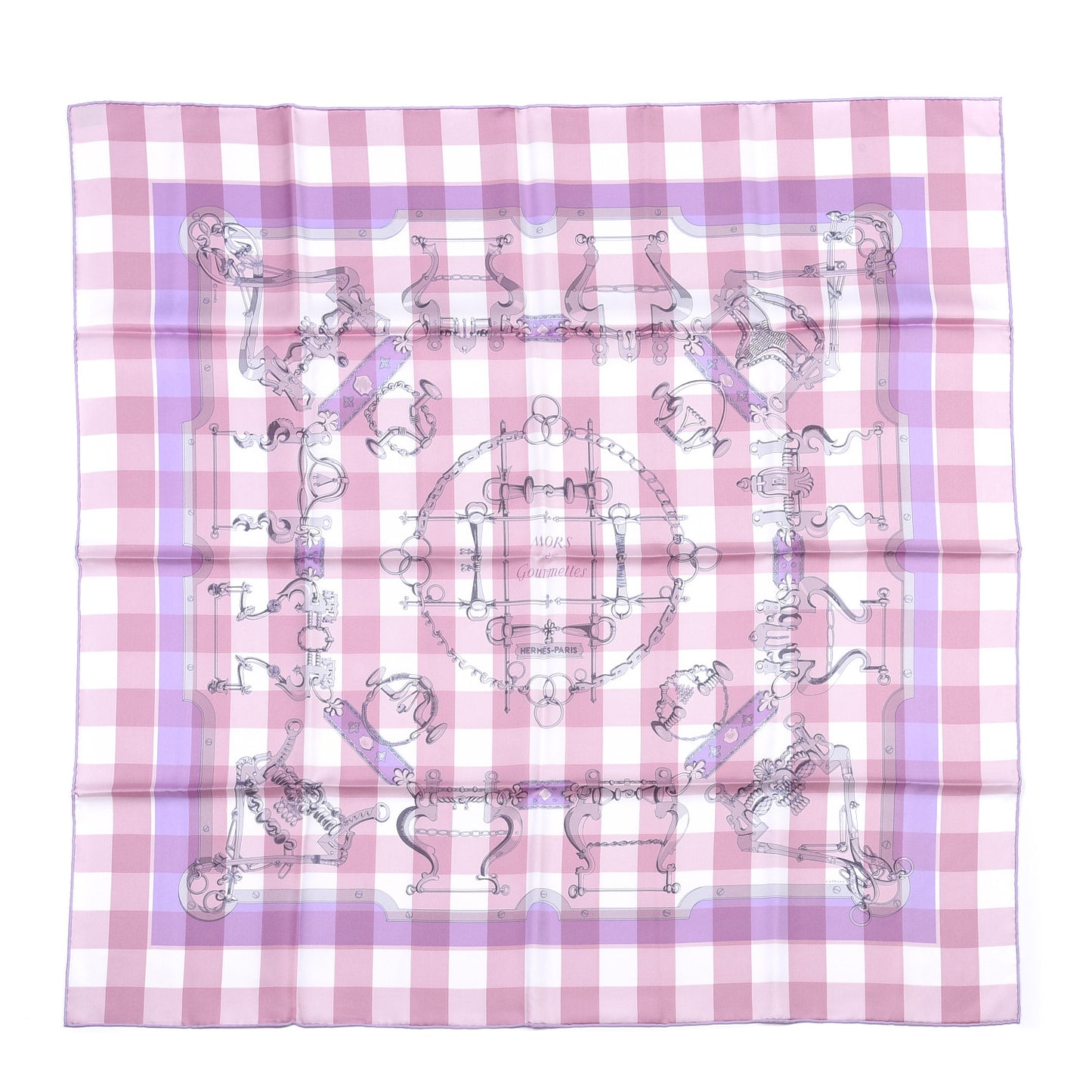 Silk Mors et Gourmettes Vichy Scarf 90 Parme Mauve White
