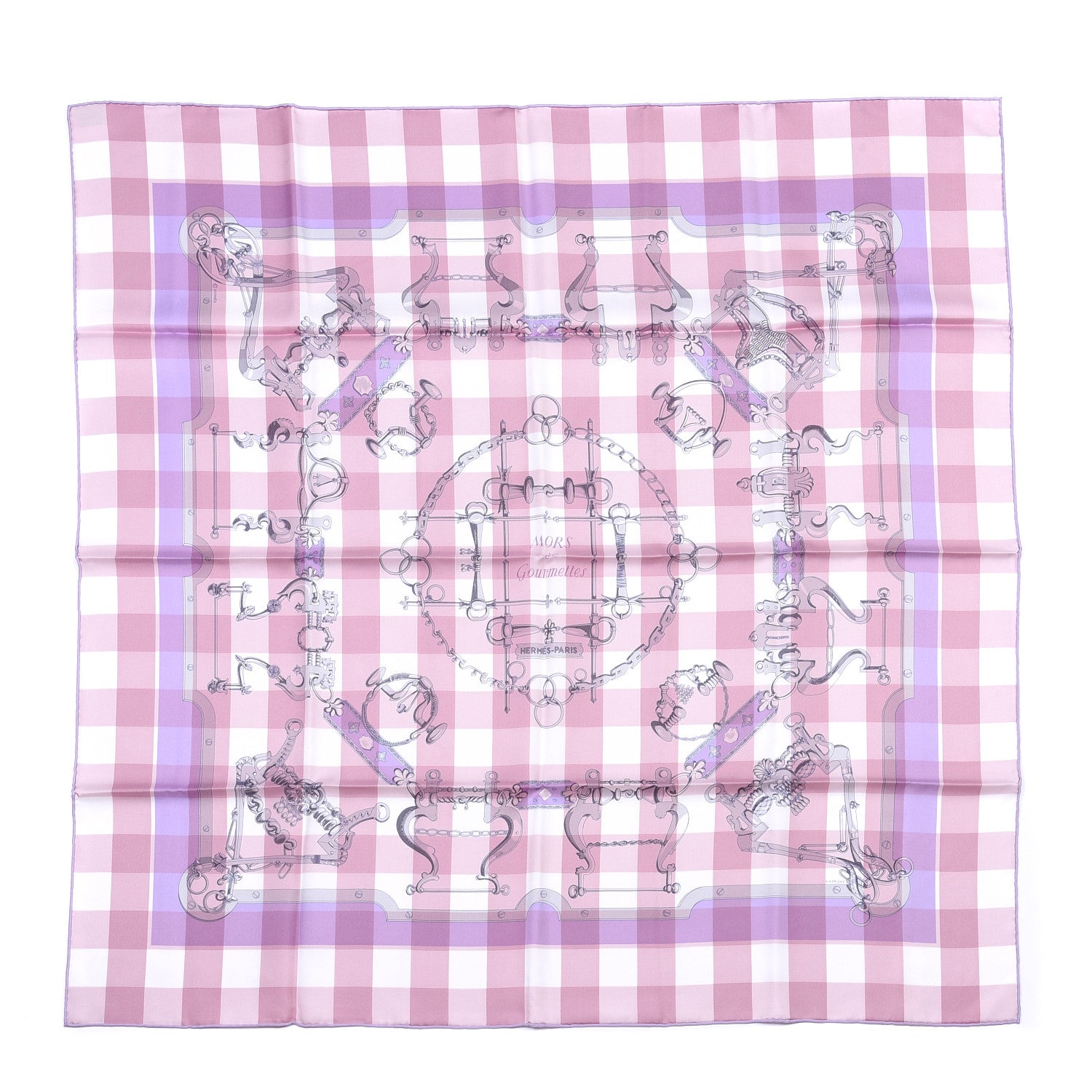 Hermes Silk Mors et Gourmettes Vichy Scarf 90 Parme Mauve White 1 of 5