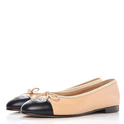 Chanel Lambskin Cap Toe Ballerina Flats 38.5 Beige Black 3 of 8