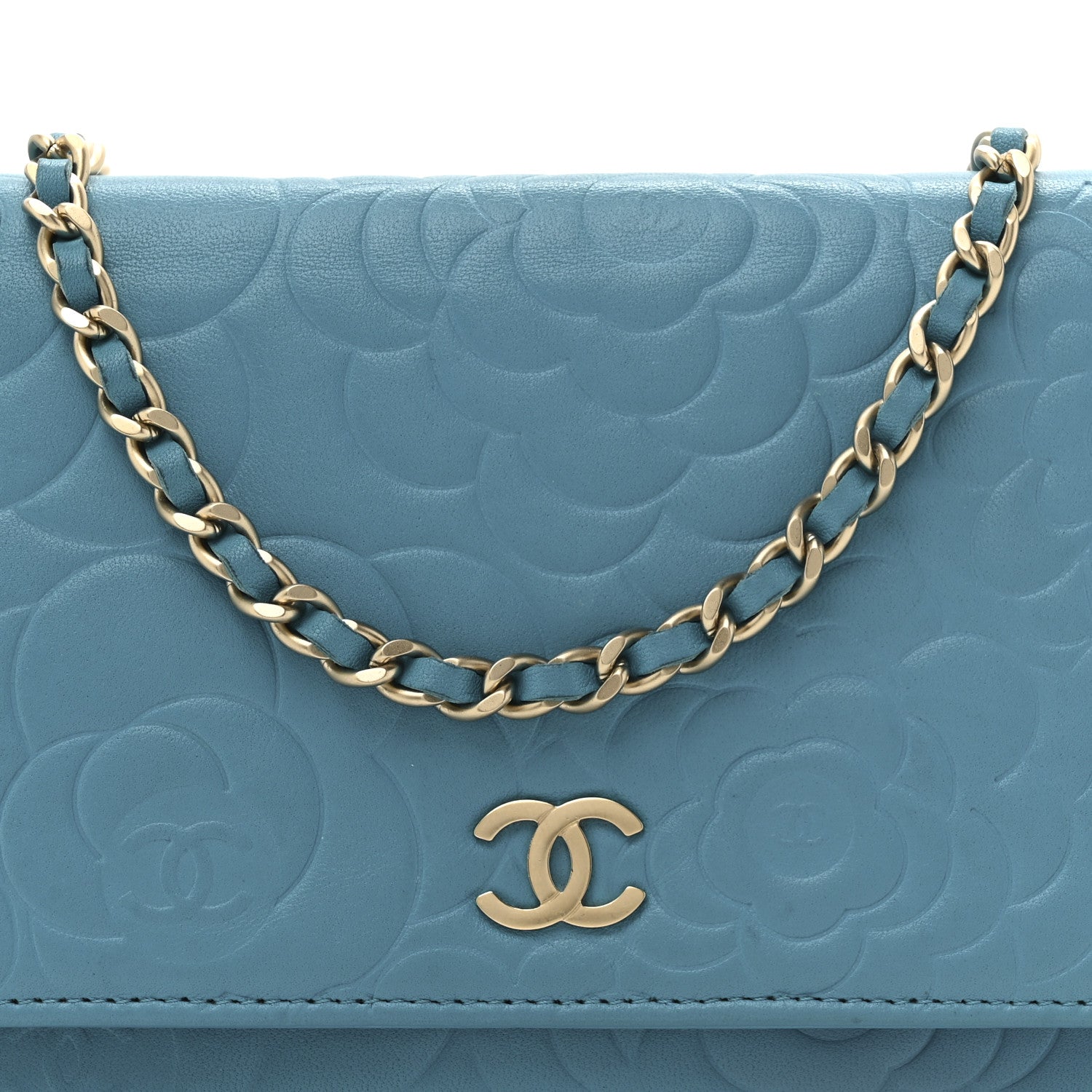 Chanel Lambskin Camellia Embossed Wallet On Chain WOC Turquoise 9 of 11