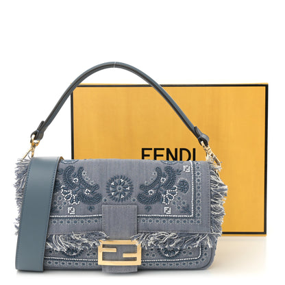 Fendi Denim Fringe Embroidered Coral Bandana Baguette  Myrtle 11 of 11