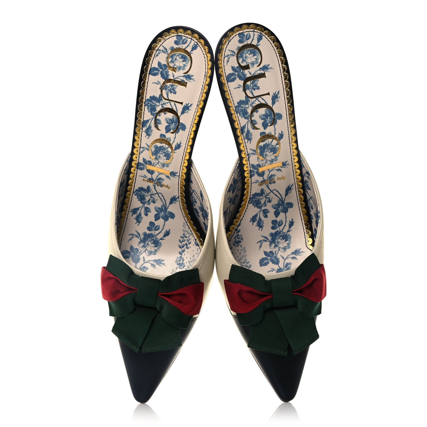 Gucci Malaga Kid Web Bow Mid Heel Mules 42 Black Vintage White 5 of 11