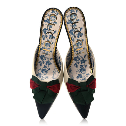 Gucci Malaga Kid Web Bow Mid Heel Mules 42 Black Vintage White 5 of 11