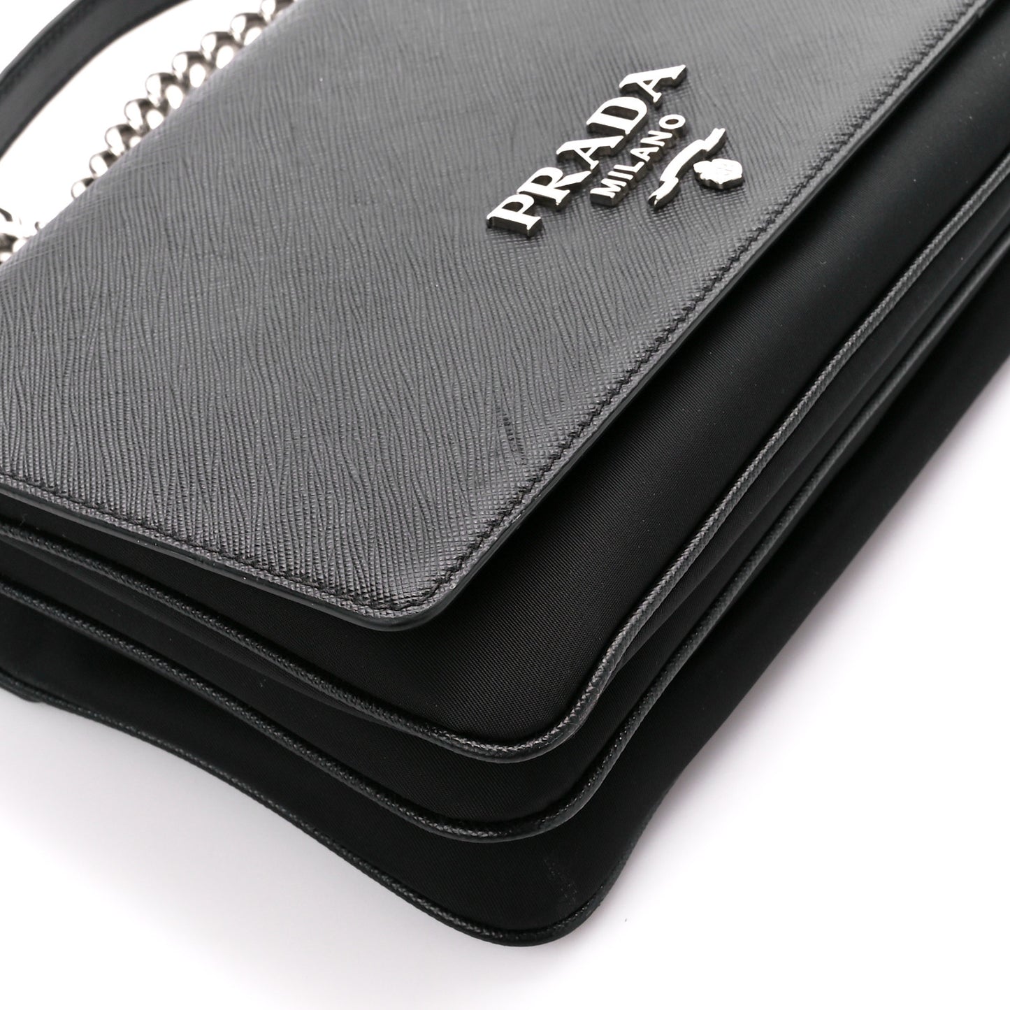 Saffiano Tessuto Nylon Chain Shoulder Bag Black
