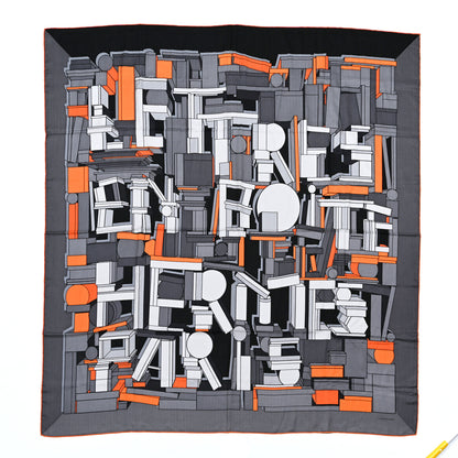 Hermes Cashmere Silk Lettres en Boite Scarf 140 Anthracite Orange Gris 1 of 4