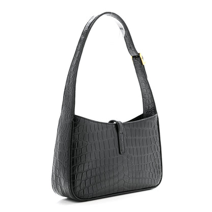Saint Laurent Calfskin Crocodile Embossed Le 5 A 7 Hobo Black 3 of 13