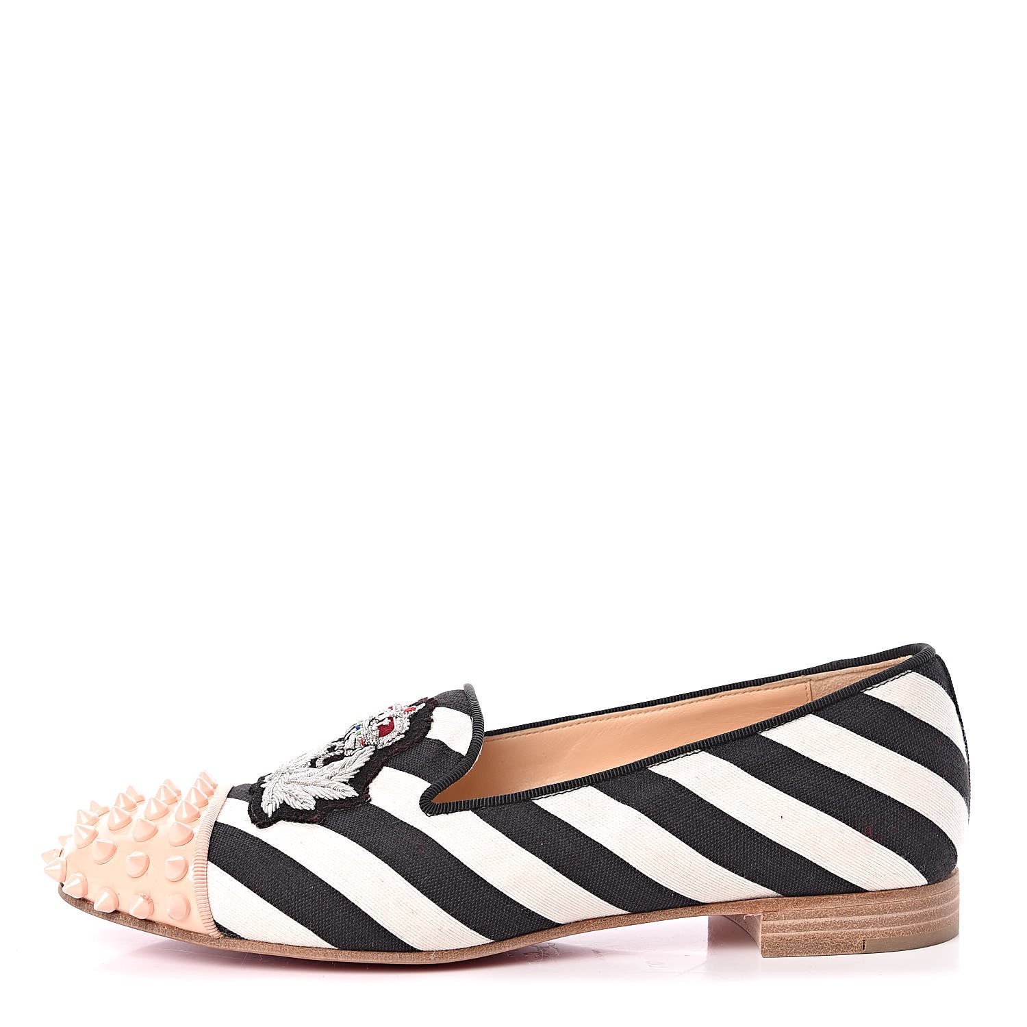 Christian Louboutin Toile Rayee Patent Spikes Womens Intern Flat Loafers 37 Black Poudre 1 of 10