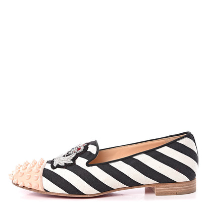 Christian Louboutin Toile Rayee Patent Spikes Womens Intern Flat Loafers 37 Black Poudre 1 of 10