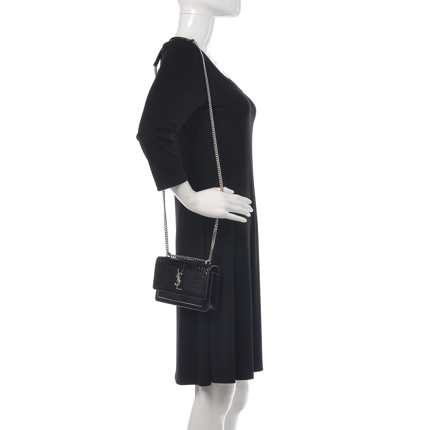 Saint Laurent Calfskin Crocodile Embossed Monogram Sunset Chain Wallet Black 2 of 10