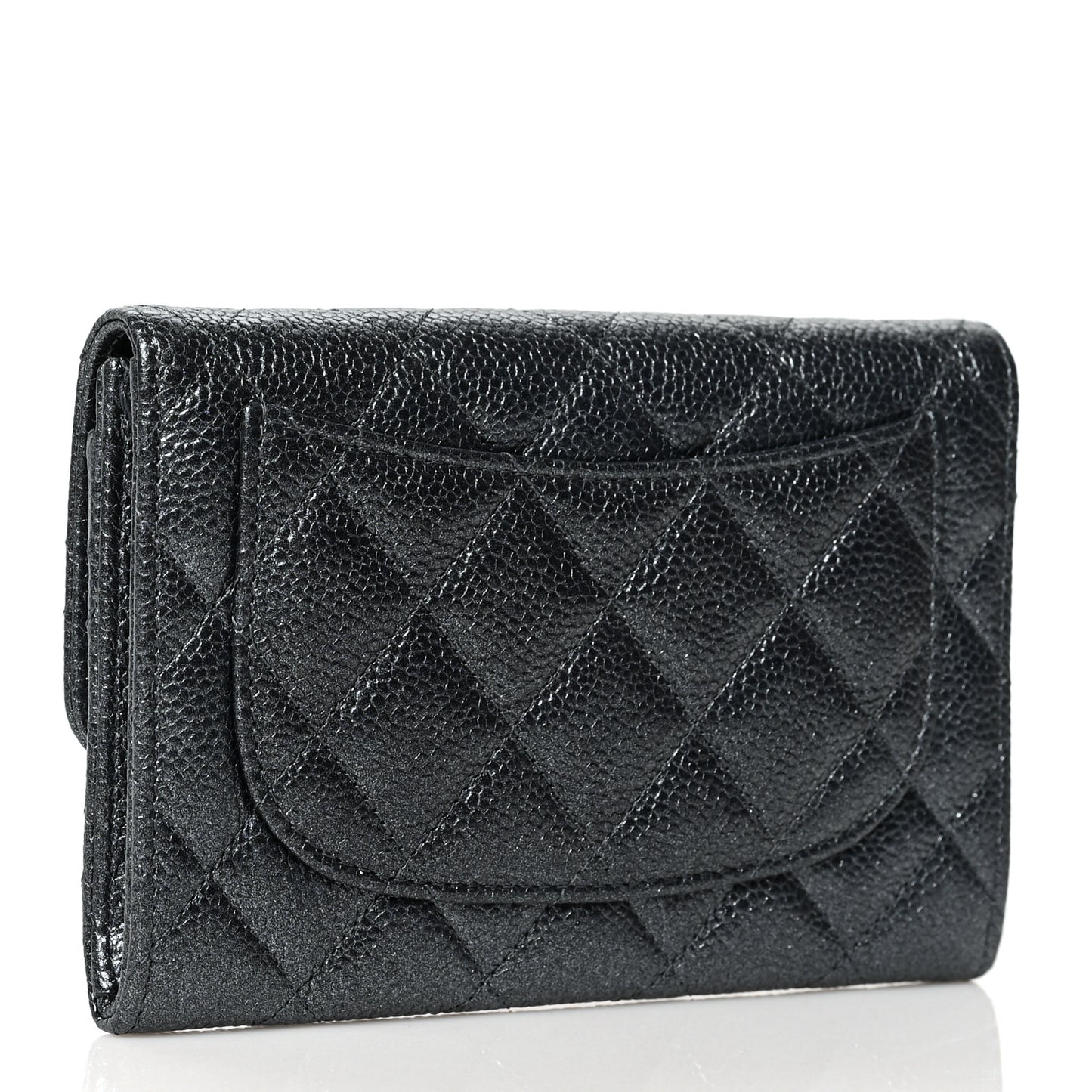Metallic Caviar Quilted Small Flap Wallet Charcoal