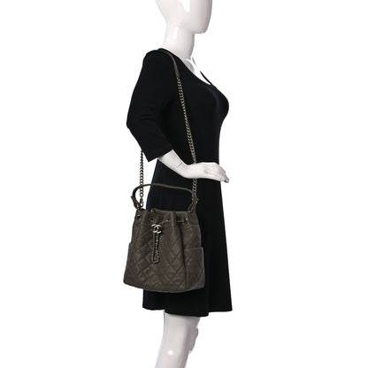 Chanel Caviar Flat Quilted CC Chain Bucket Drawstring Bag Khaki 2 of 10