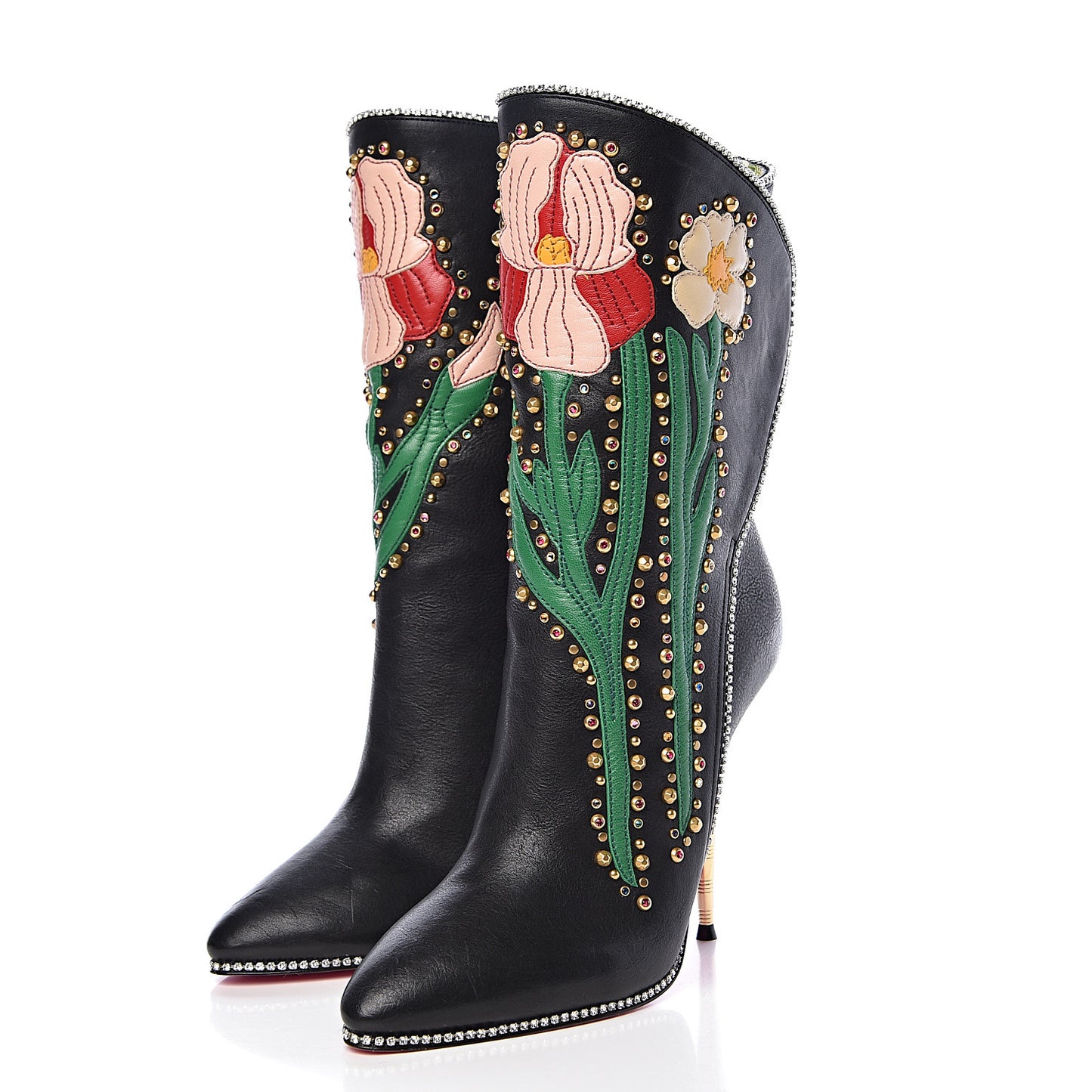 Calfskin Floral Crystal Embroidered Fosca Boots 36.5 Black