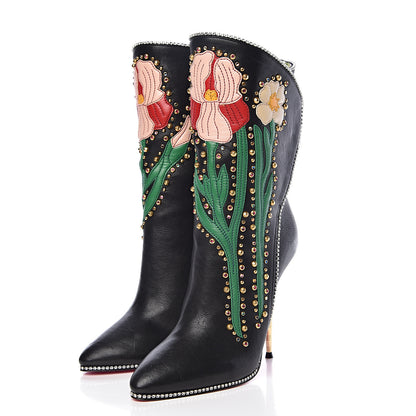 Gucci Calfskin Floral Crystal Embroidered Fosca Boots 36.5 Black 3 of 8