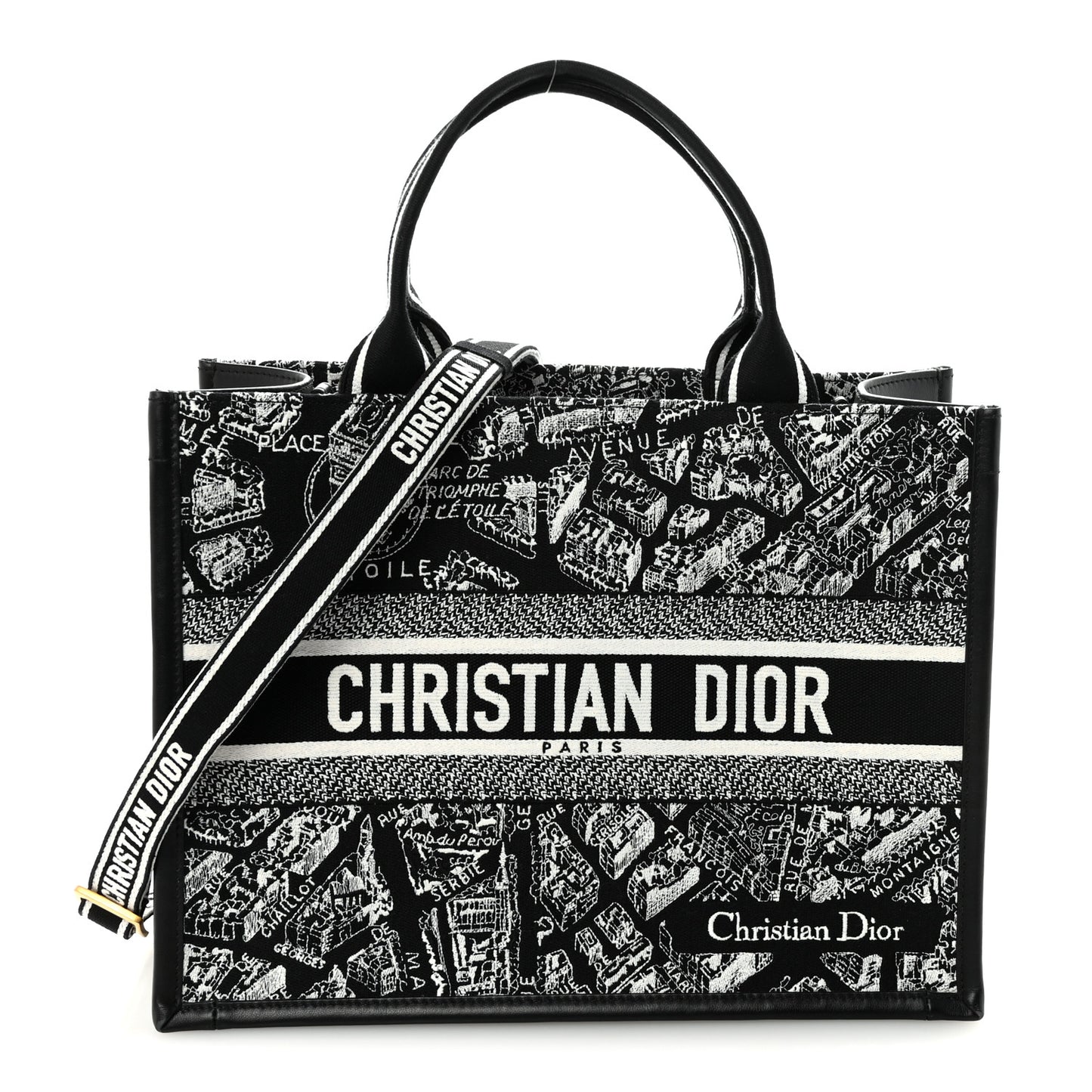 Calfskin Canvas Medium Plan De Paris Book Tote With Strap Black White