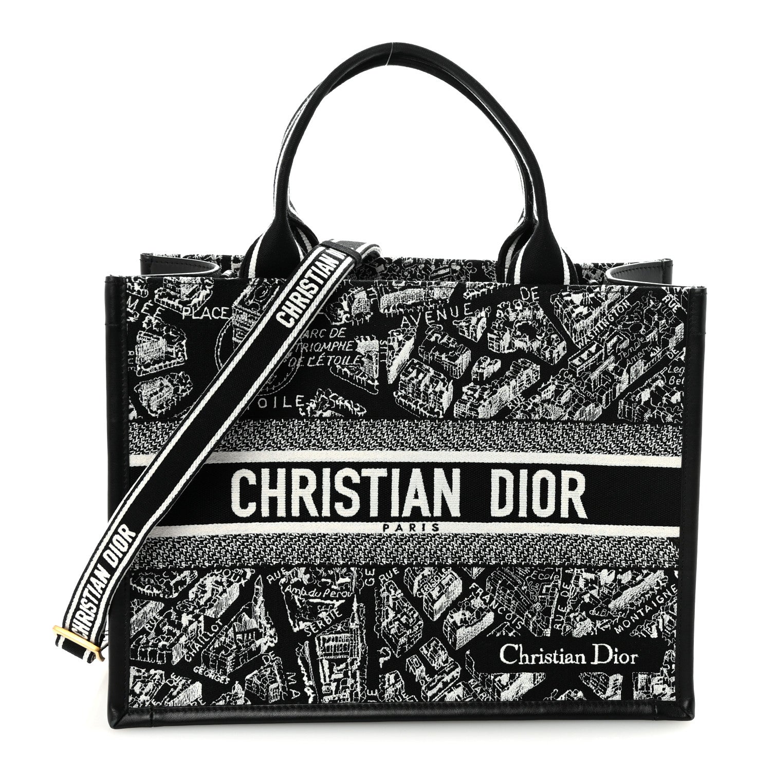 Christian Dior Calfskin Canvas Medium Plan De Paris Book Tote With Strap Black White 1 of 9