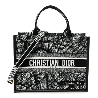 Christian Dior Calfskin Canvas Medium Plan De Paris Book Tote With Strap Black White 1 of 9