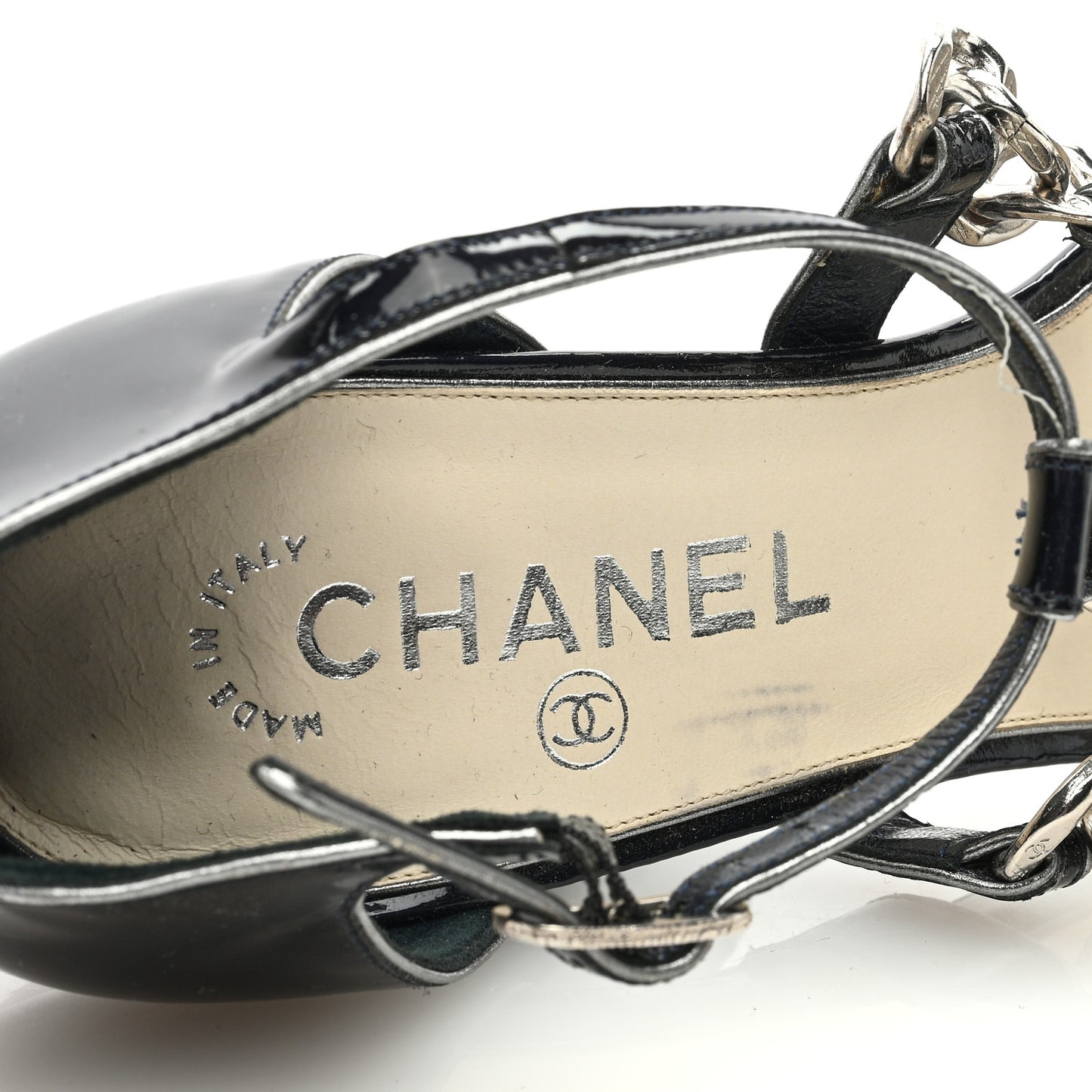 Patent Chain CC Logo Thong Sandals 39 Black