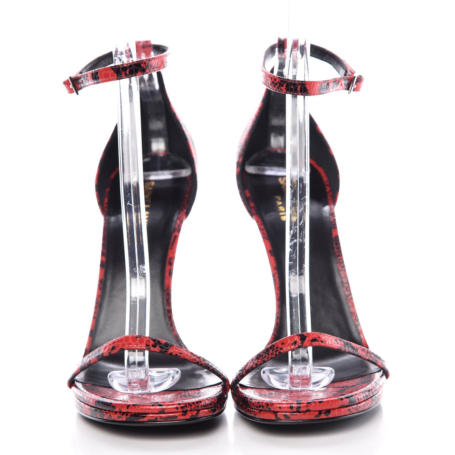 Saint Laurent Python Calfskin Embossed Jane 105 Ankle Strap Sandals 40 Red Black 2 of 8