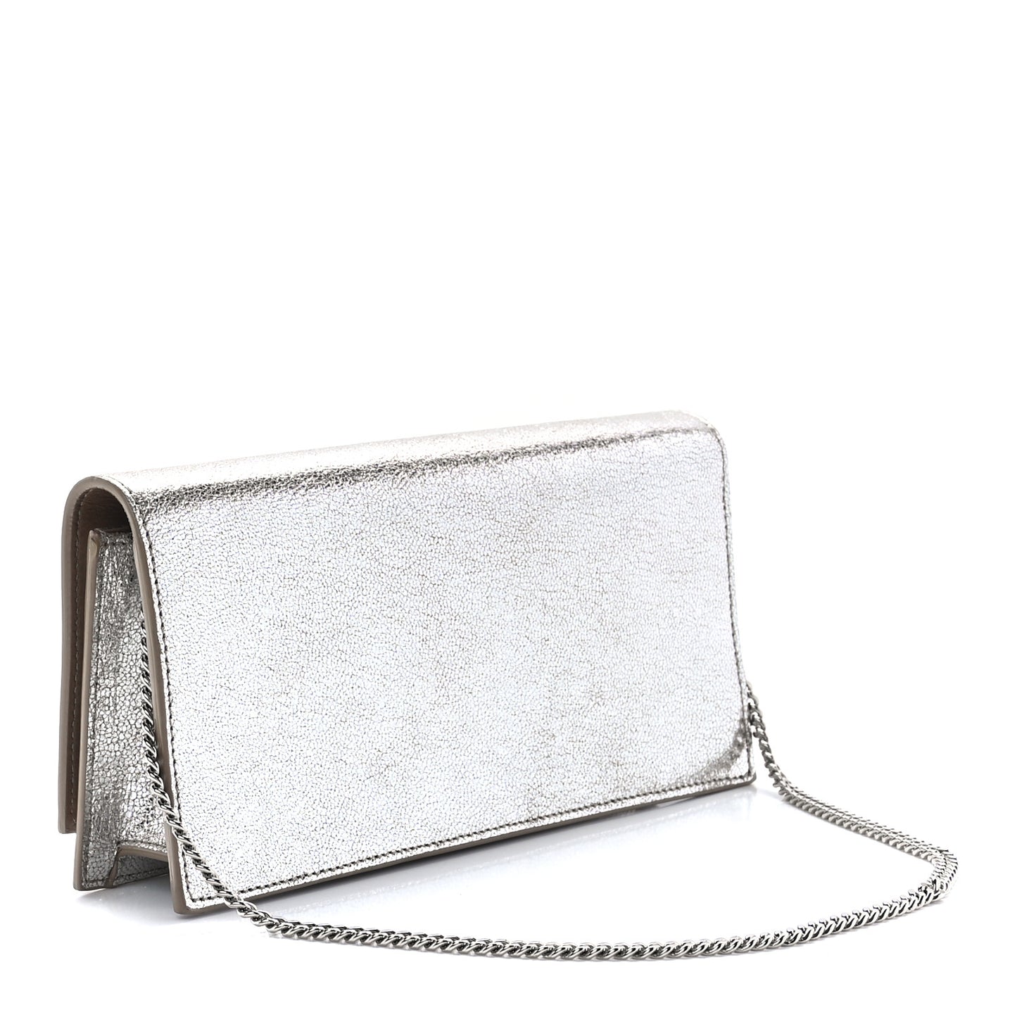 Metallic Calfskin Clutch With Chain Champagne
