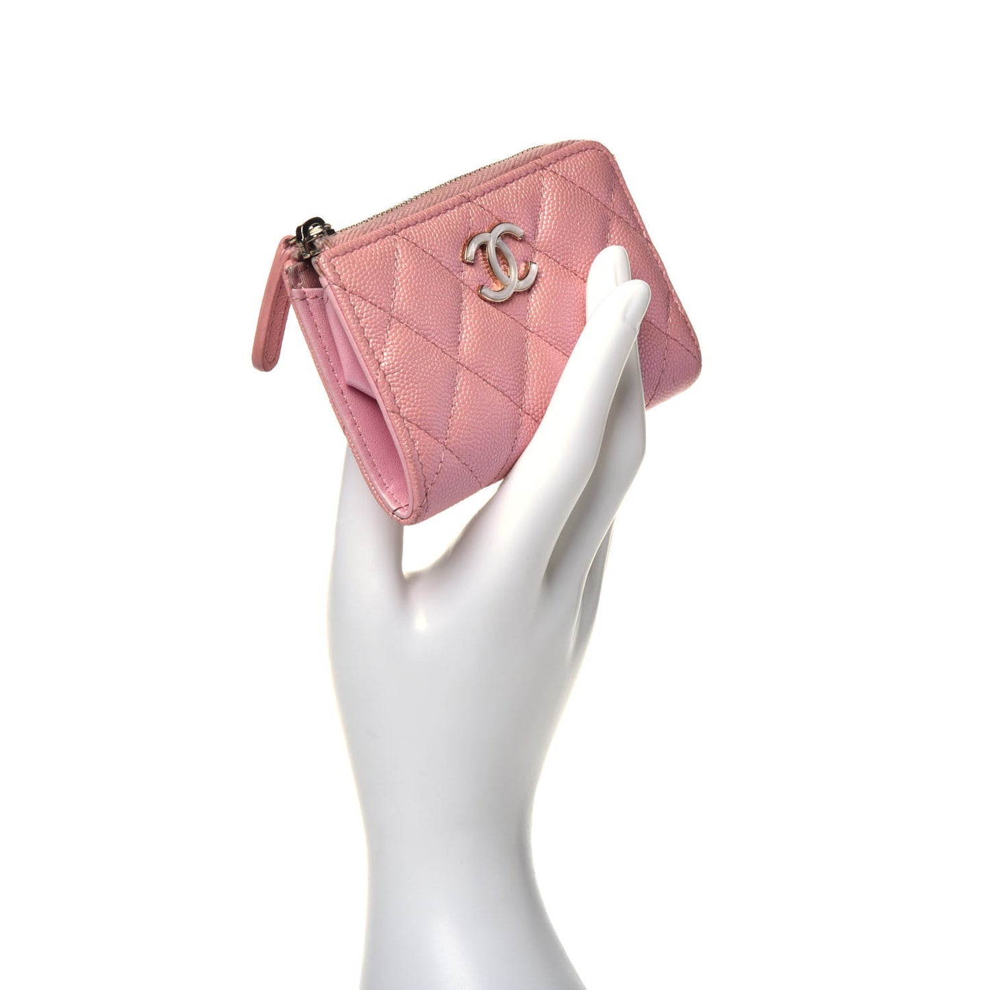 Iridescent Caviar Quilted Zipped Key Holder Case Rose Pink