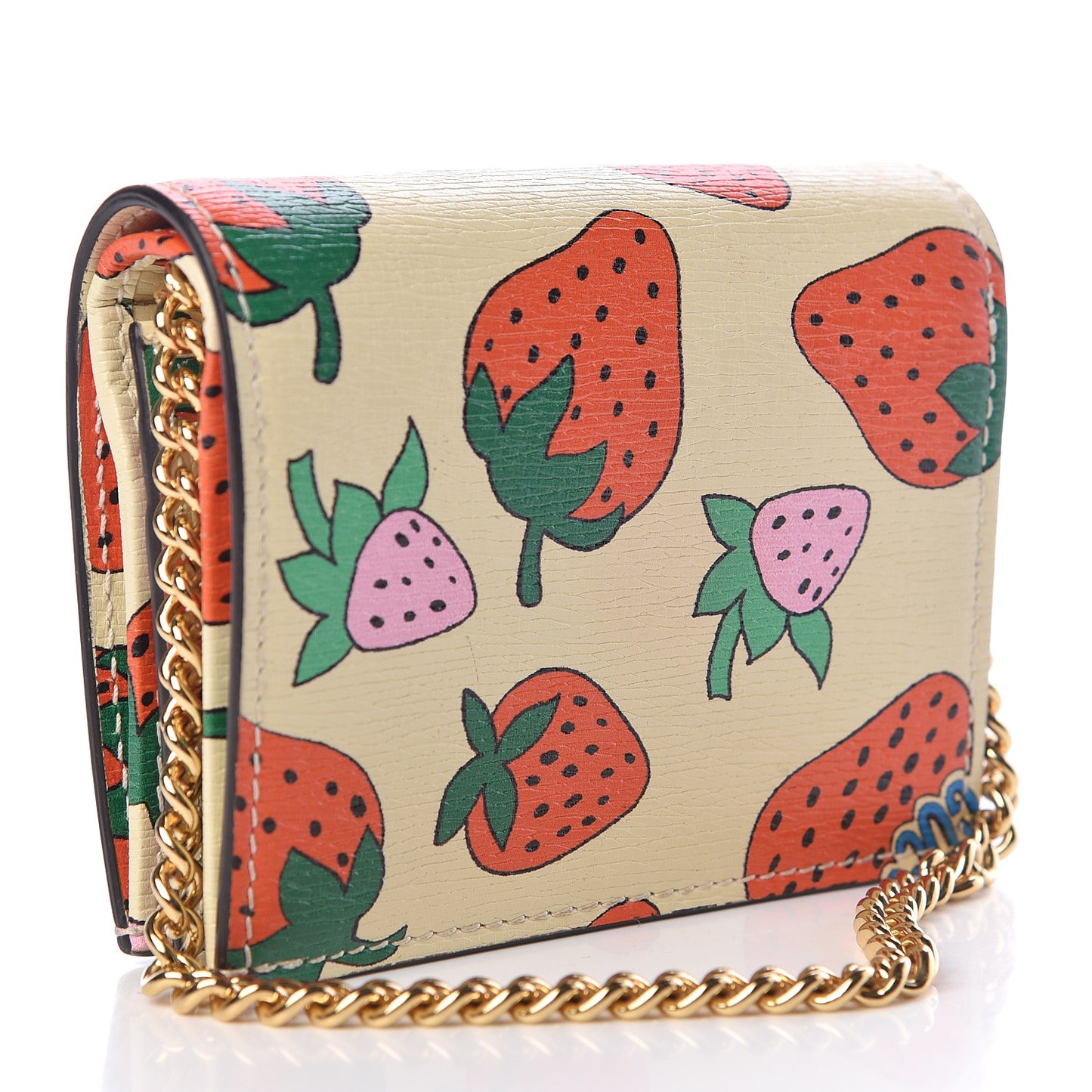 Calfskin Strawberry Print Zumi Chain Card Case Wallet Ivory Red