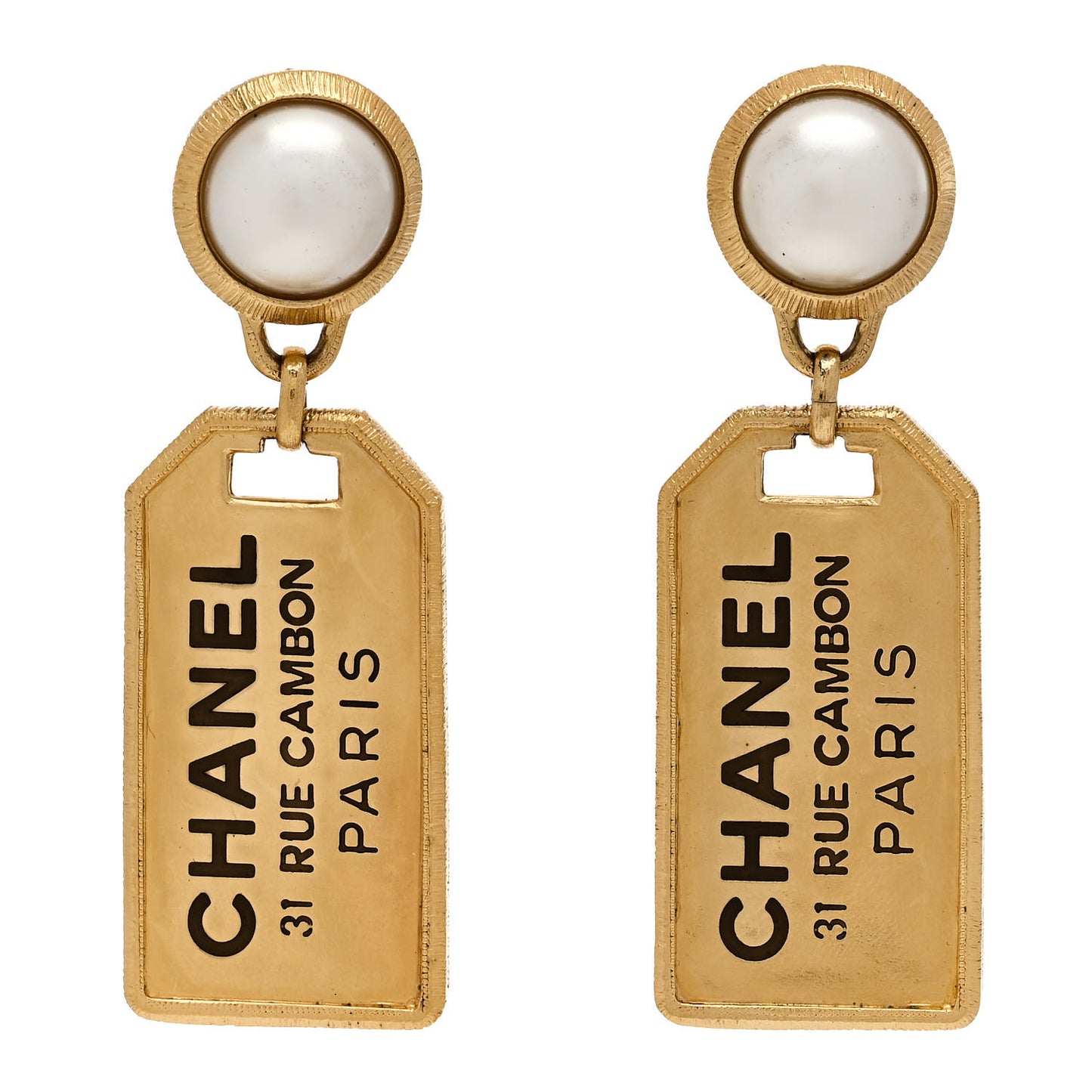 Pearl CC Tags Drop Earrings Gold