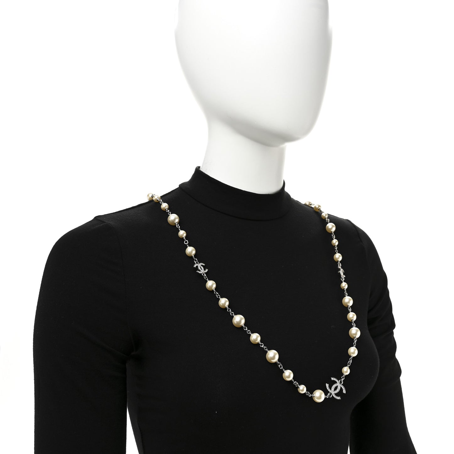 Graduated Pearl Crystal CC Long Necklace Silver
