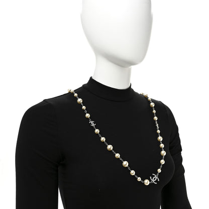 Chanel Graduated Pearl Crystal CC Long Necklace Silver 2 of 7
