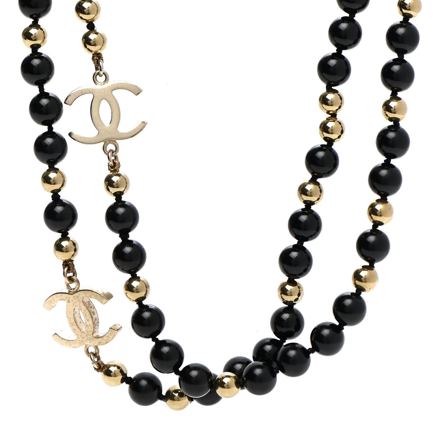 Beaded CC Long Necklace Black Gold