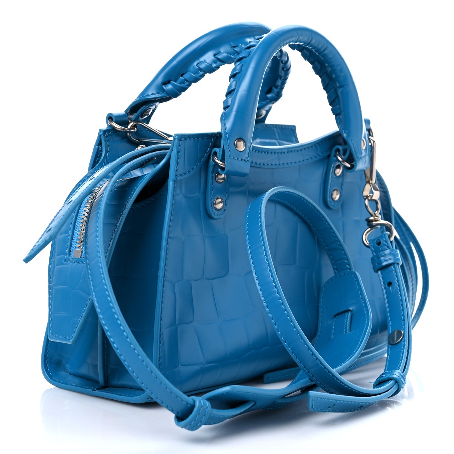 Semi Shiny Calfskin Crocodile Embossed Neo Classic Silver Hardware Mini City Turquoise
