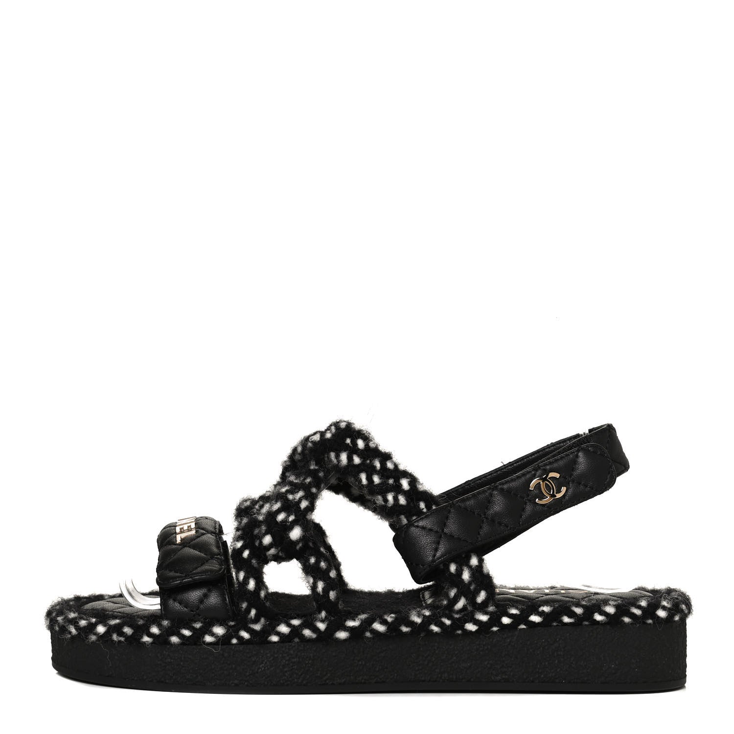 Chanel Cord Lambskin Quilted Logo Sandals 39 Black White 1 of 9