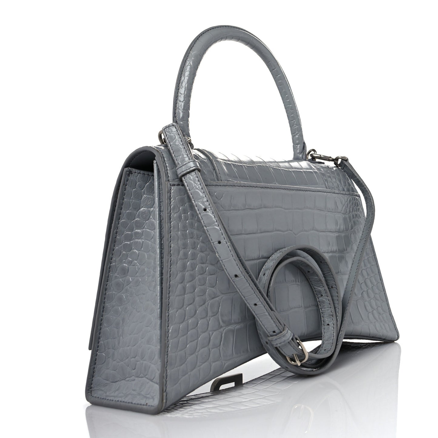 Shiny Calfskin Crocodile Embossed Medium Hourglass Top Handle Bag Balenciaga Grey