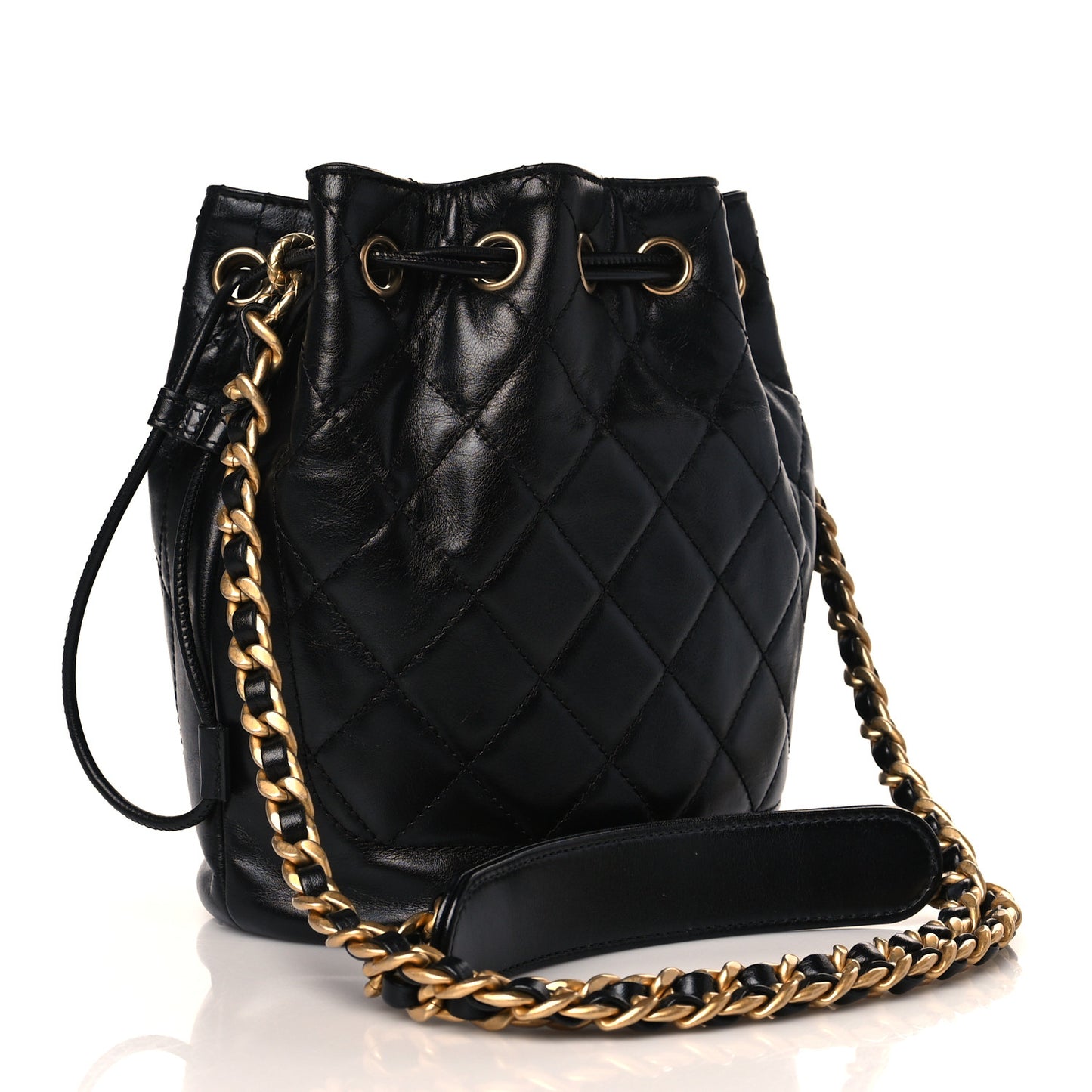 Calfskin Stitched Coco Ring Bucket Drawstring Bag Black