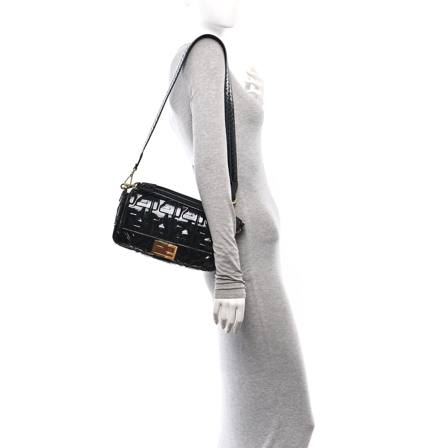 Fendi Patent FF 1974 Embossed Baguette Black 2 of 11