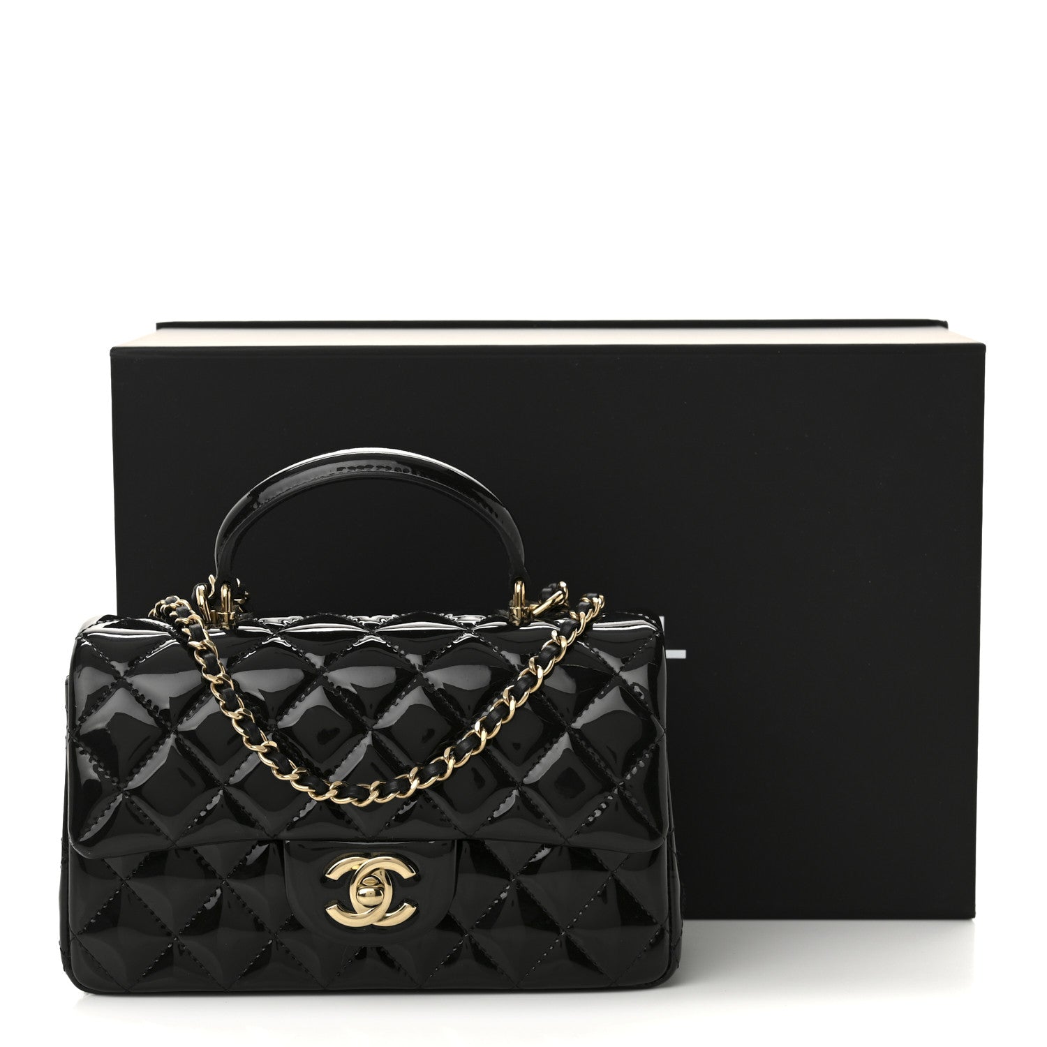 Chanel Patent Quilted Mini Top Handle Rectangular Flap Black