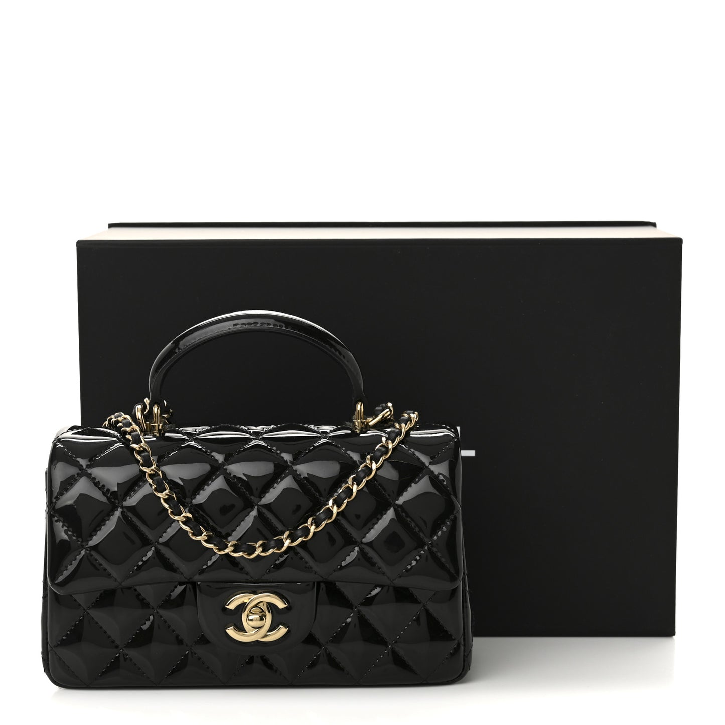 Patent Quilted Mini Top Handle Rectangular Flap Black