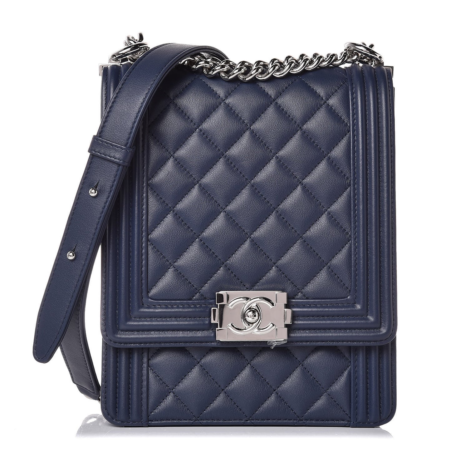 Calfskin Quilted North South Boy Flap Navy